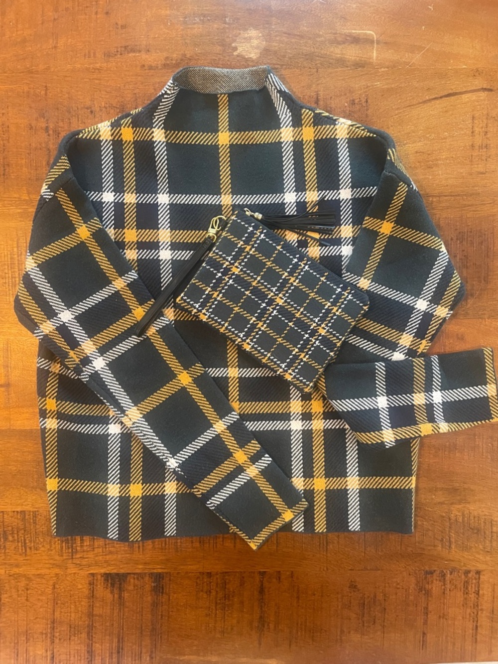 Tahari Black and Mustard Plaid Knit Sweater with Matching Wristlet